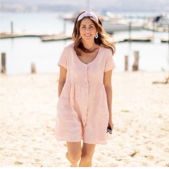 Jillian Harris x Priv Hamptons Mini Babydoll Linen Vneck Button Dress - Picture 2 of 8